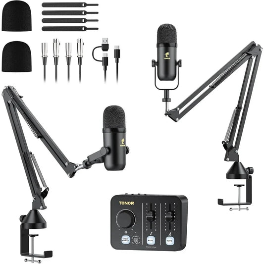 Best - Podcast Equipment Bundle for 2, Audio Mixer with 2 Dynamic Microphone and 2 Boom Arm Set, XLR Mic with Studio